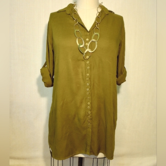 Anthropologie Moth Oversize Olive Button Down Shirt L - Picture 3 of 5